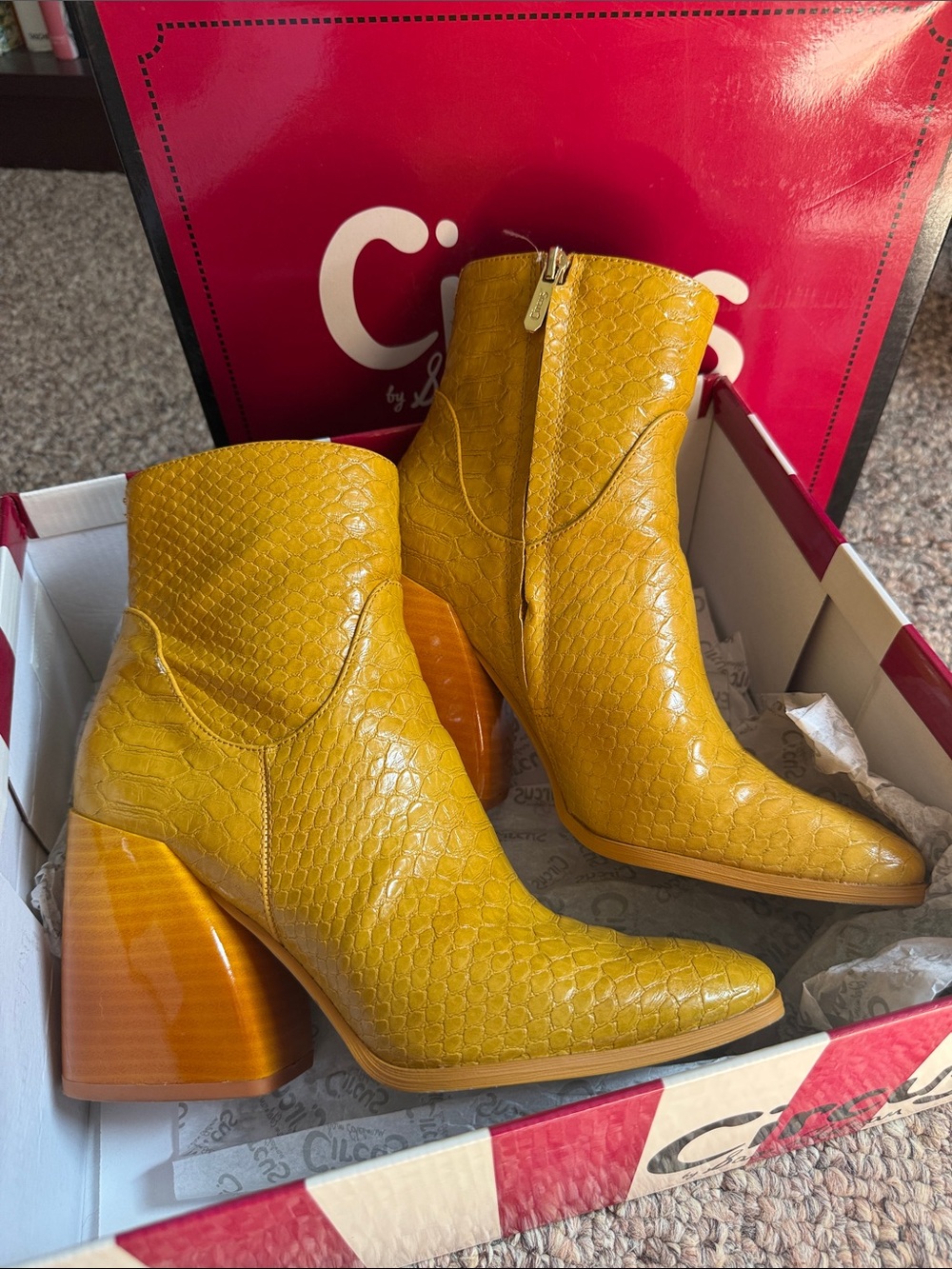 Circus by Sam Edelman Mustard Yellow Snake Block Heel Ankle Boots - Women